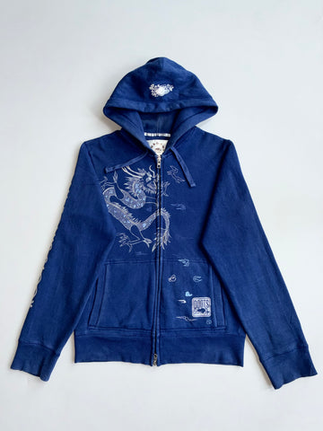 Vintage Roots Navy Blue Dragon Graphic Zip-Up Hoodie (S)