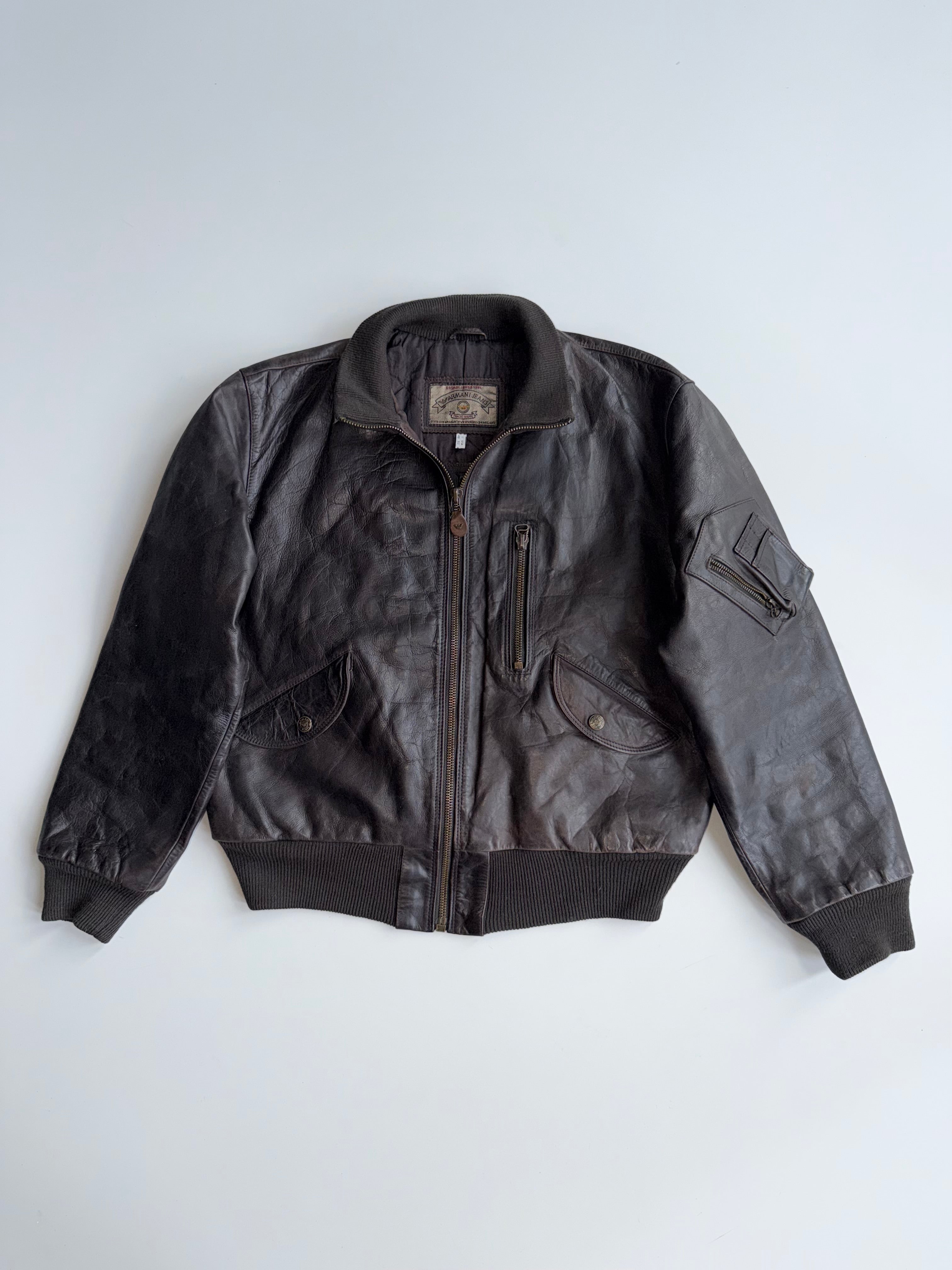 ARMANI JEANS ブラウン A-2 00s レザージャケット 90s Armani Jeans (AJ) Vintage Brown Leather A-2 Style Flight