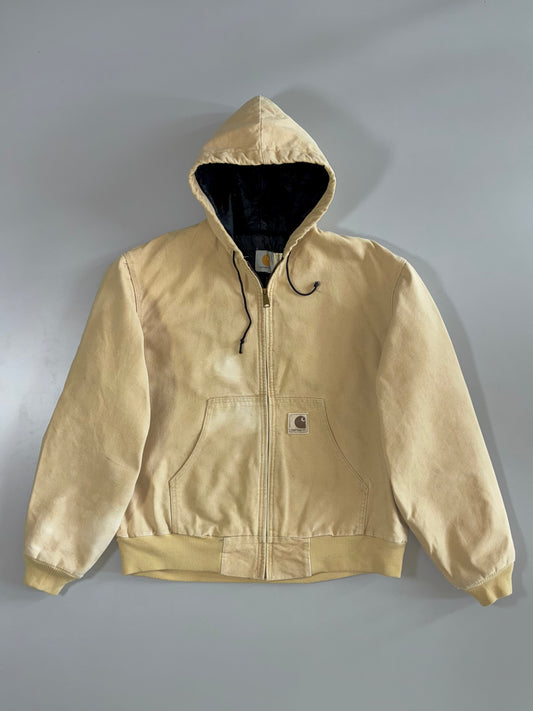 Vintage Carhartt JQ295 Active Hooded Duck Canvas Jacket Faded Sandy Natural Quilted Lined Made in USA (L)