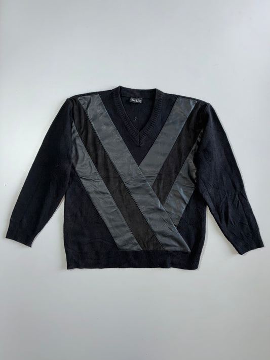 Premium Black V-Neck Leather Panel Sweater (M/L)