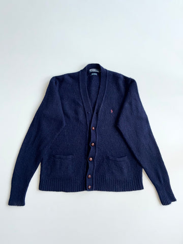Vintage Polo Ralph Lauren Lambswool Cardigan with Leather Buttons – Navy (L)