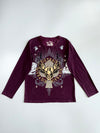Big Train Osaka Japanese Samurai Skull Wings Kanji Foil All-Over Print Burgundy Plum Cotton Long Sleeve T-Shirt (L)