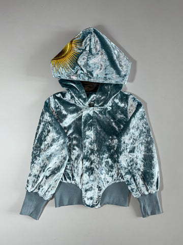 Vogue Style Reversible Velvet Hooded Jacket – Icy Blue w/ Gold Sun Embroidery (XS)
