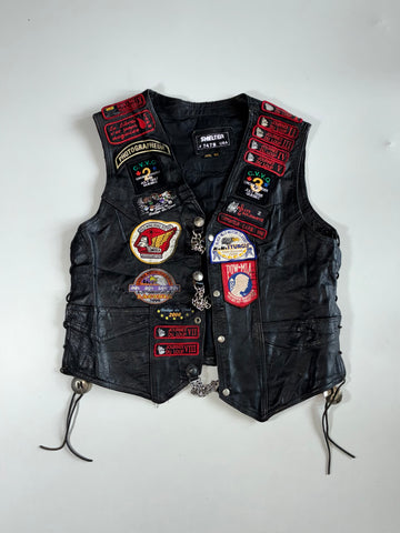 Vintage 90s Shelter Leather Biker Vest with Sturgis & Laconia Rally Patches (XL)