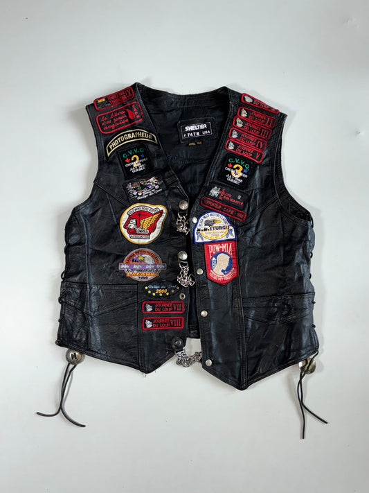 Vintage 90s Shelter Leather Biker Vest with Sturgis & Laconia Rally Patches (XL)
