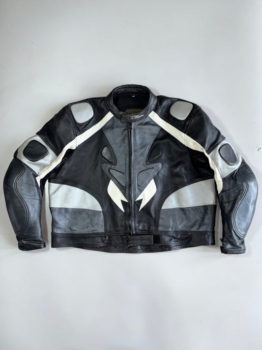 Vintage X.Mann Black Leather Biker Racing Jacket | Armoured Shoulder & Elbow Pads | Back Hump Protector (2XL)