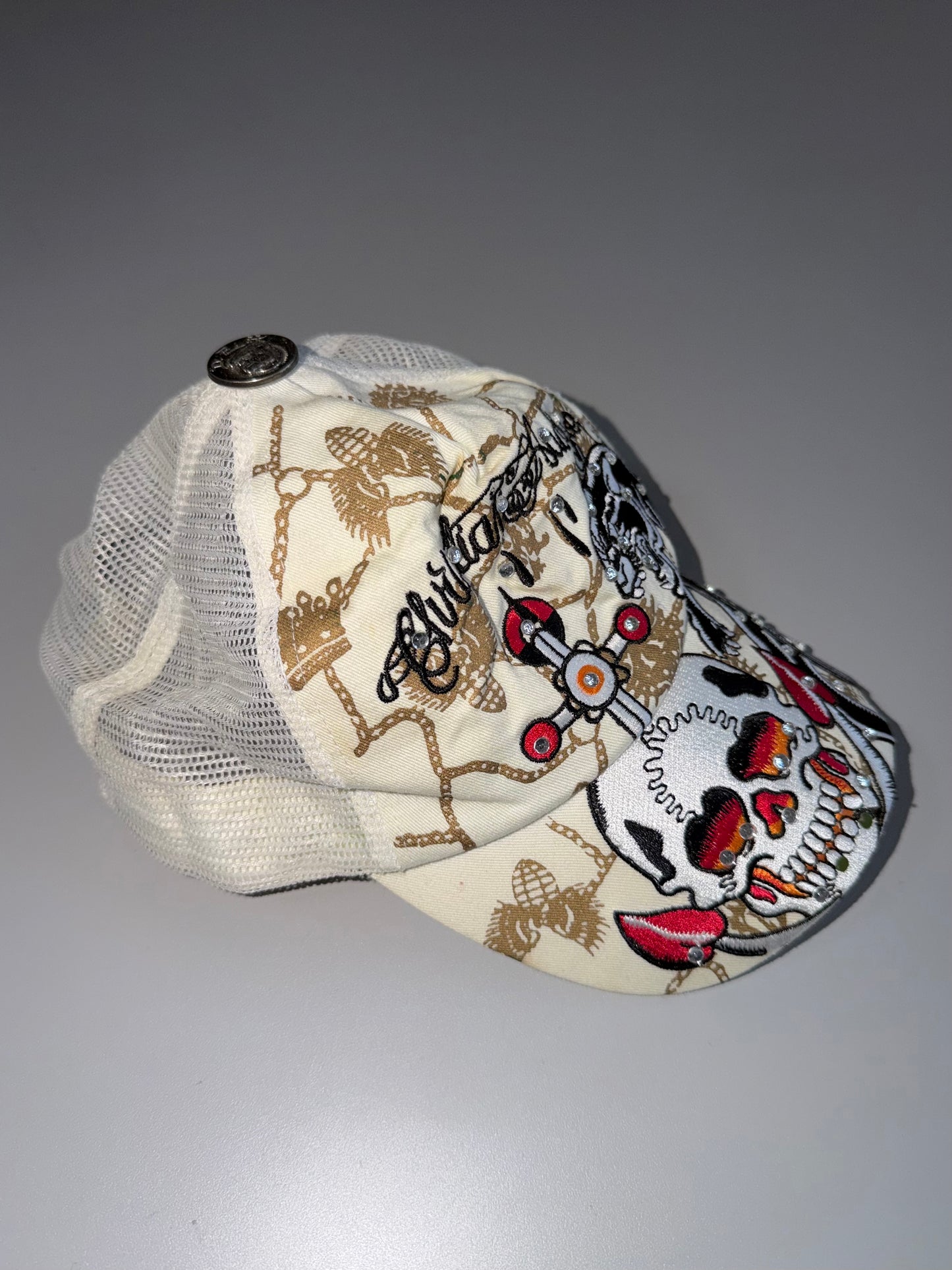 ZAuthentic Ed Hardy Skull & Panther Rhinestone Trucker Cap (Adjustable Fit)