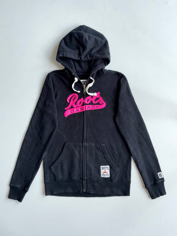 Roots Canada | Black Pink Script Zip Hoodie | (S)