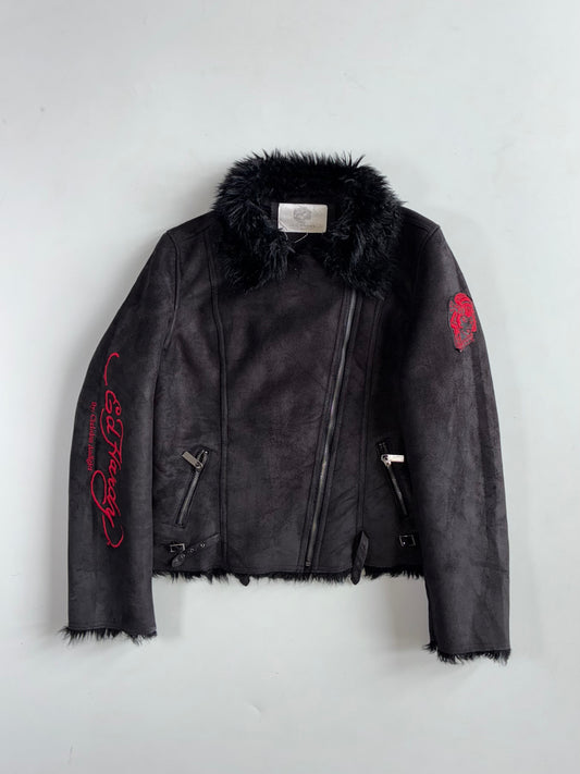 Ed Hardy by Christian Audigier Y2K Black Faux Shearling Biker Jacket Women’s (S)