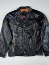 Black Leather-Look Bomber Jacket with Geometric Contrast Stripes & Snap Front (L)