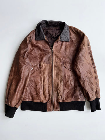Vintage | Leather Bomber Jacket Brown Black Collar (M)