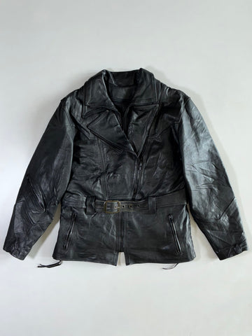 Vintage Premium Original Belted Black Leather Biker Jacket (L)