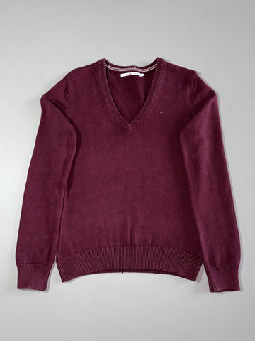 Tommy Hilfiger Burgundy V-Neck Knit Sweater – Flag Logo (XXS)