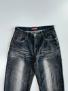 Sheng Yuehan Y2K Heavy Distressed Whisker Wash Dark Indigo Straight Leg Denim Jeans (W:32 |L:44)