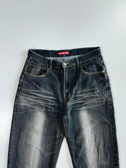 Sheng Yuehan Y2K Heavy Distressed Whisker Wash Dark Indigo Straight Leg Denim Jeans (W:32 |L:44)