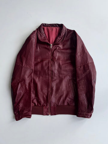 Vintage Burgundy Leather Bomber Jacket (S/M)