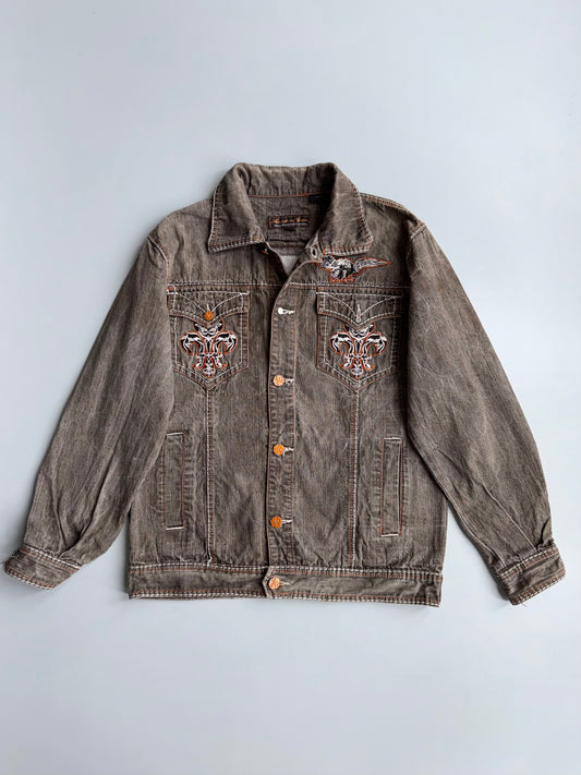 Vintage Knockout Jeans | Heavy Embroidered Eagle Crown Denim Jacket | Grey Wash (L/XL)