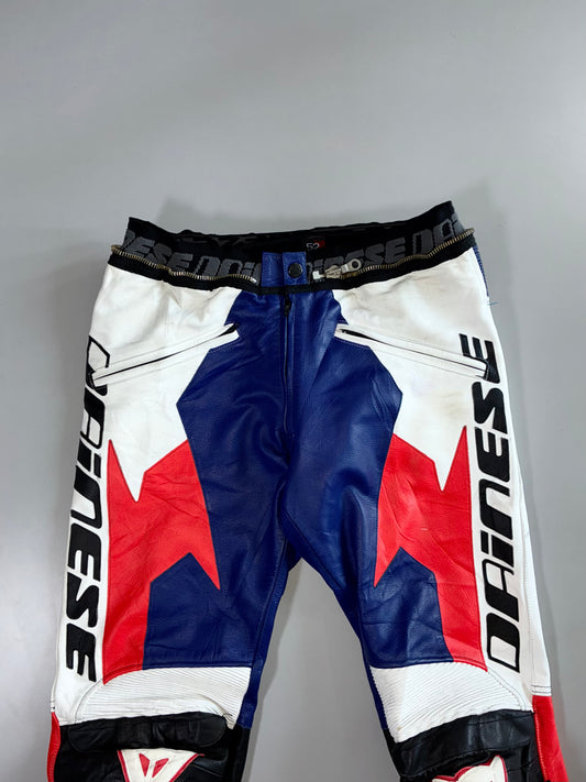 Dainese Pure Leather Moto Racing Pants  Red/White/Blue Colorblock Armored Knee Protection W/ Sliders (W:34 |L:40)