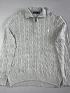 Polo Ralph Lauren Grey Cable Knit Quarter Zip Sweater – Leather Pull (XL)
