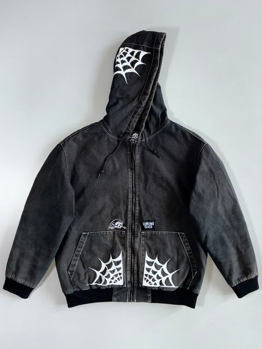 Lurking Class by Sketchy Tank | Spiderweb Print Zip-Up Hooded Work Jacket (M/L)