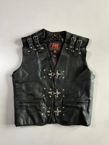 WM Fashion Black Leather Buckle Vest  Braided-Trim Biker Vest with Metal Hardware (L)