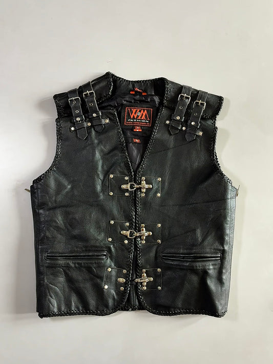 WM Fashion Black Leather Buckle Vest  Braided-Trim Biker Vest with Metal Hardware (L)
