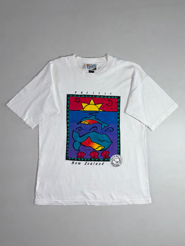 Vintage 90s Nordli Pacific New Zealand Hand-Painted Graphic Tee – White (L)