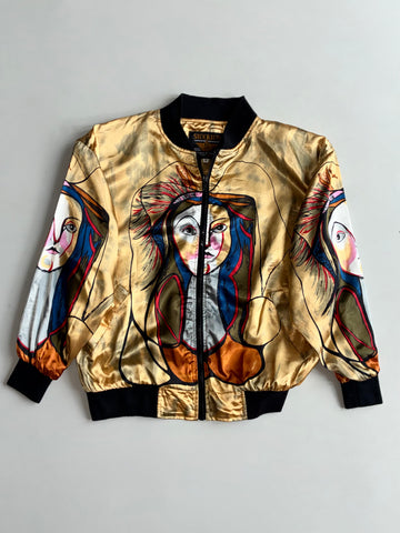 Vintage Stockton Satin Bomber Jacket Abstract Face Art Print – Gold – (L)