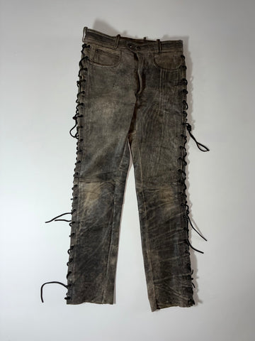 Echtes Leder Distressed Leather Side Lace-Up Biker Pants – Vintage Grey (W:32) (L:42)