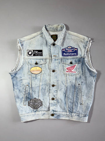 Vintage Black Cow Acid Wash Denim Racing Vest – BMW, Rothmans, Honda, Harley Patches (XL)