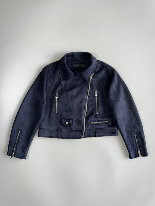 Zara Basic Navy Suede Biker Jacket Women (S)