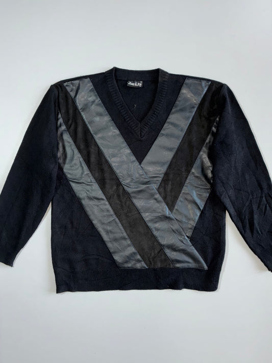 Premium Black V-Neck Leather Panel Sweater (M/L)