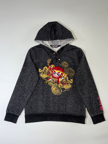 Big Train Japanese Dragon Embroidered Sherpa-Lined Hoodie – Charcoal (S/M)