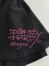 Y2K Ed Hardy Black Rhinestone Tattoo Flare Mini Skirt (L:17) (W :26)