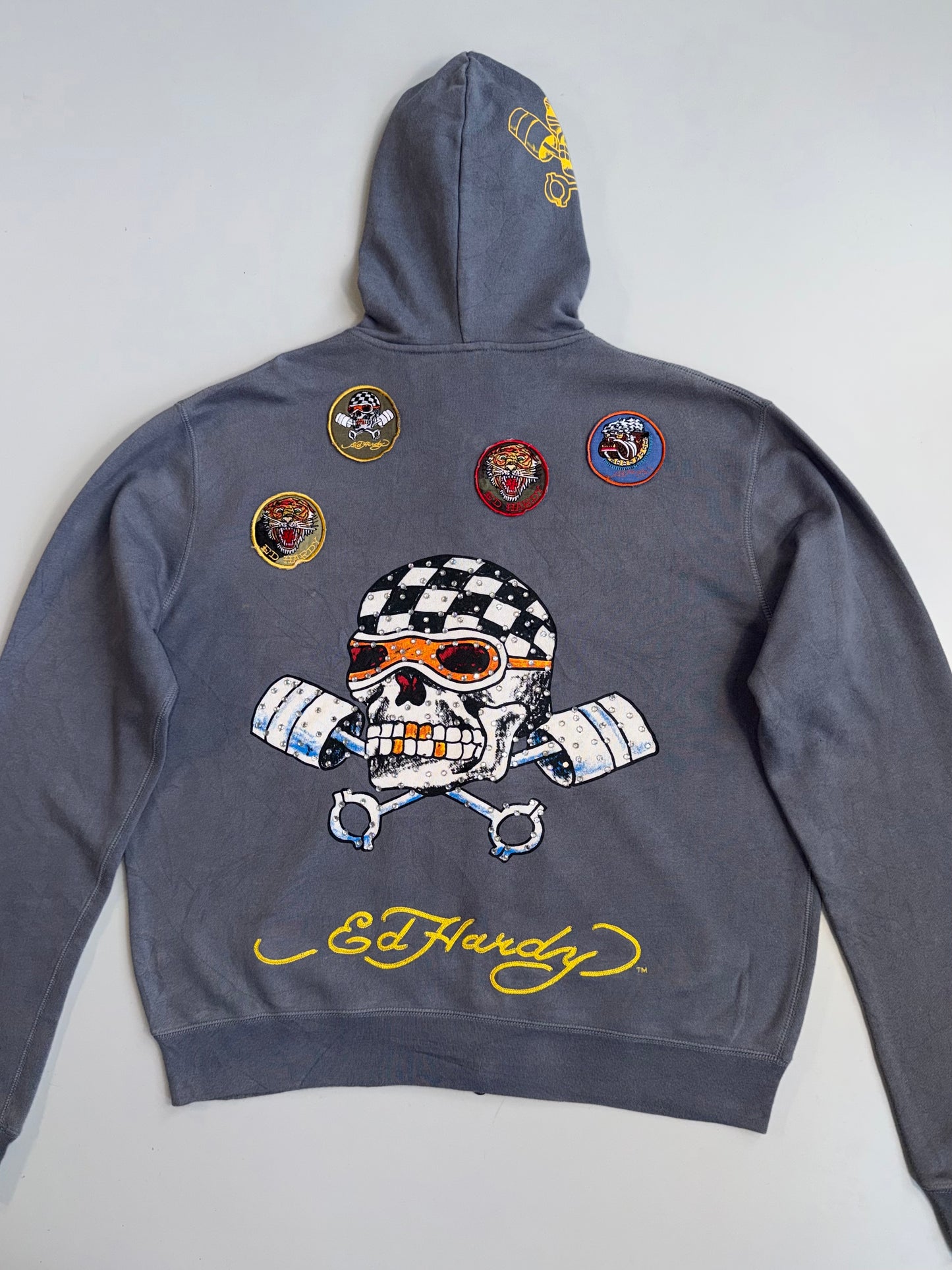 !      Ed Hardy 'Skull & Pistons' Rhinestone Zip-Up Jacket - Slate Grey (U.RARE) (M/L)