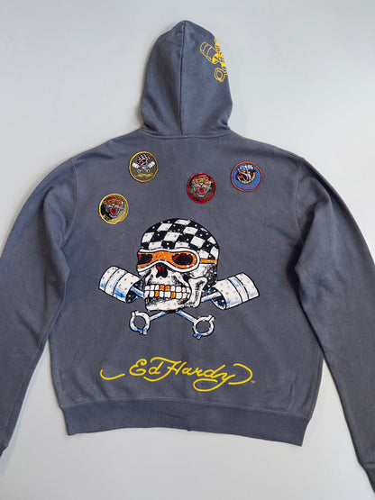 !      Ed Hardy 'Skull & Pistons' Rhinestone Zip-Up Jacket - Slate Grey (U.RARE) (M/L)