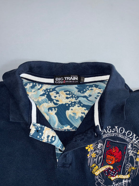 Big Train Japanese Graphic Polo Shirt | Oni Demon Wave Print | Navy (M)