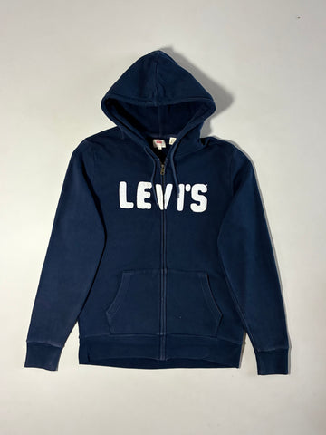 Vintage Levi's Navy Blue Spellout Zip-Up Hoodie (L)