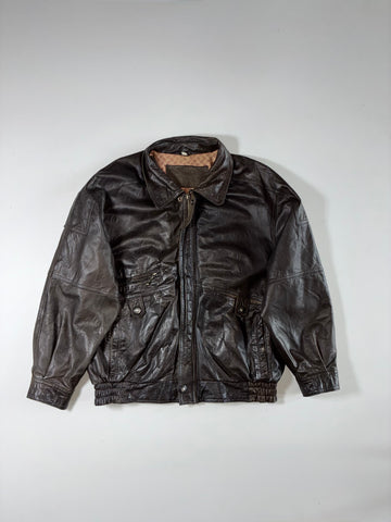 Dark Brown Leather-Look Bomber Jacket with Zip Pockets (L)