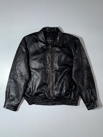 Black Leather Bomber Jacket
Vintage Black Genuine Leather Bomber Jacket (XL)