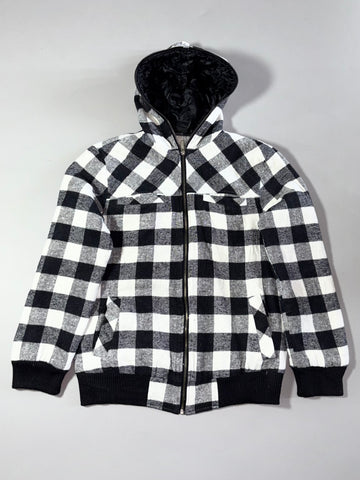 Base Control Buffalo Check Quilted Hooded Jacket – Black/White -(S)