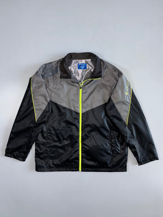 Vintage 90s Champion Colorblock Windbreaker Jacket | Black Grey Neon Yellow (L/XL)