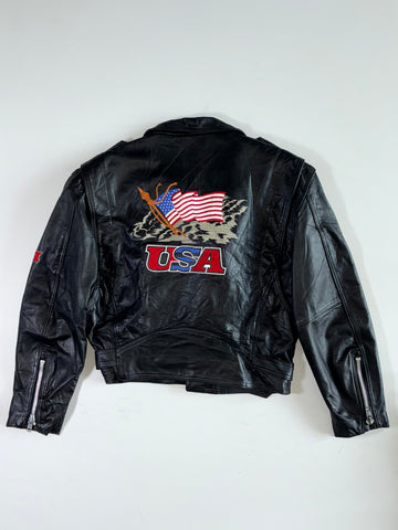 Vintage 90s Way of Life USA Flag Embroidered Leather Biker Jacket (L)