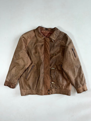 Vintage 80s Brown  Leather Bomber Jacket Gold Toggle Clasps, (XL)