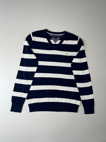 Tommy Hilfiger Navy & White Striped V-Neck Sweater (S/M)