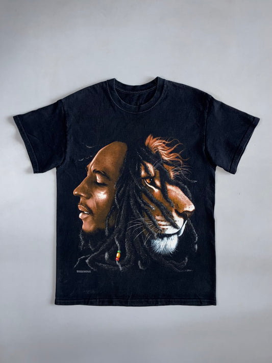 Vintage Bob Marley x Lion Graphic T-Shirt – Faded Black (M)