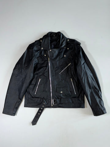 Classic Black Belted Perfecto Leather Biker Jacket (XL)