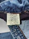 Japanese Oni Leather-Patch Brocade Panel Jeans embroidered (W:42) (L:44.5)