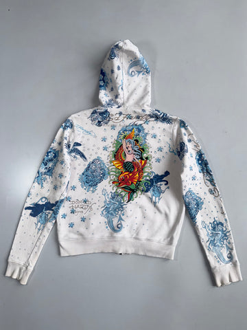 Ed Hardy by Christian Audigier White Mermaid Koi Fish All-Over Print Zip Hoodie Gold Lined Hood (S)