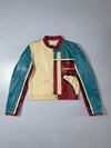 1957 Firenze Colorblock Leather Jacket  Cream/Teal/Burgundy Moto Jacket, (XS)